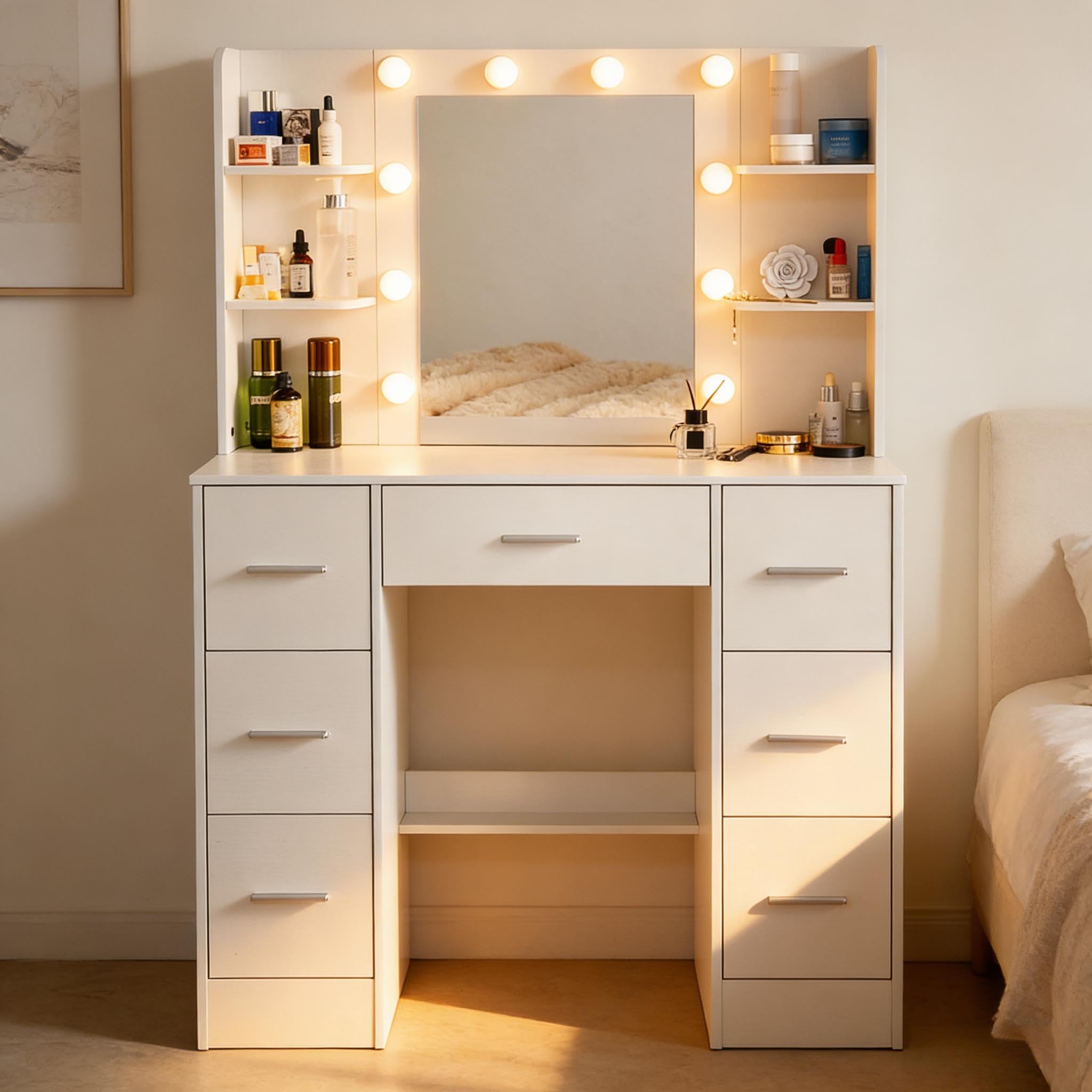 Umeiga Large Dressing Table with 10 Led Lighted Adjustable Brightness Mirror, Large 7 Drawers and 4 Open Storage Areas, 39.5" W Makeup Vanity Table Modern Bedroom Dresser โ image 1