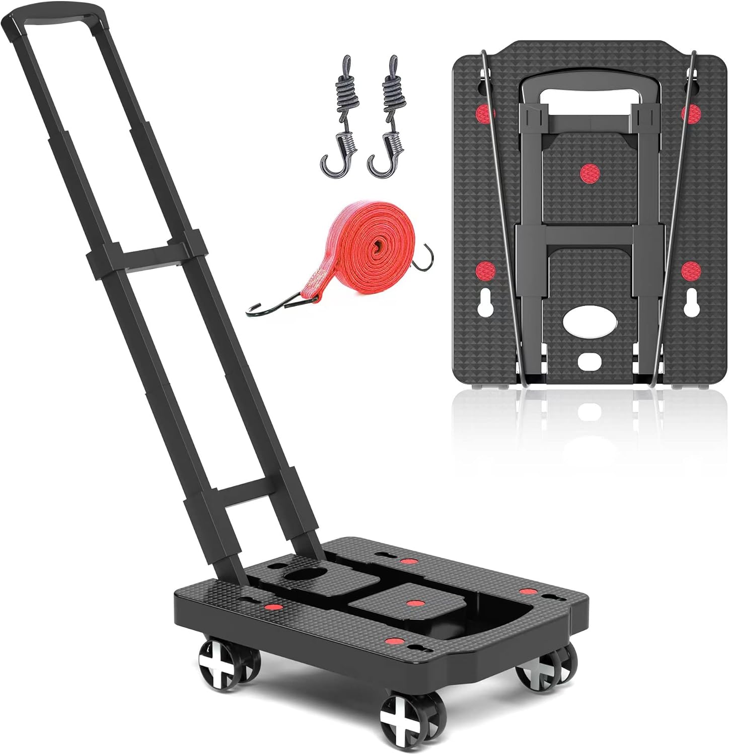 Folding Hand Truck, Foldable Lightweight Dolly Cart for Moving, Portable Platform Cart with 4 Swivel Wheels and Adjustable Handle, Foldable Cart for Personal, Travel, Auto, Moving,Office Use