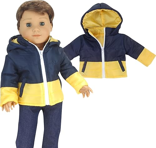 Miniatura 4 de Sophia's Chaqueta acolchada de dos tonos con capucha, cremallera y bolsillos para muñecas de 18 pulgadas, azul marinoamarillo