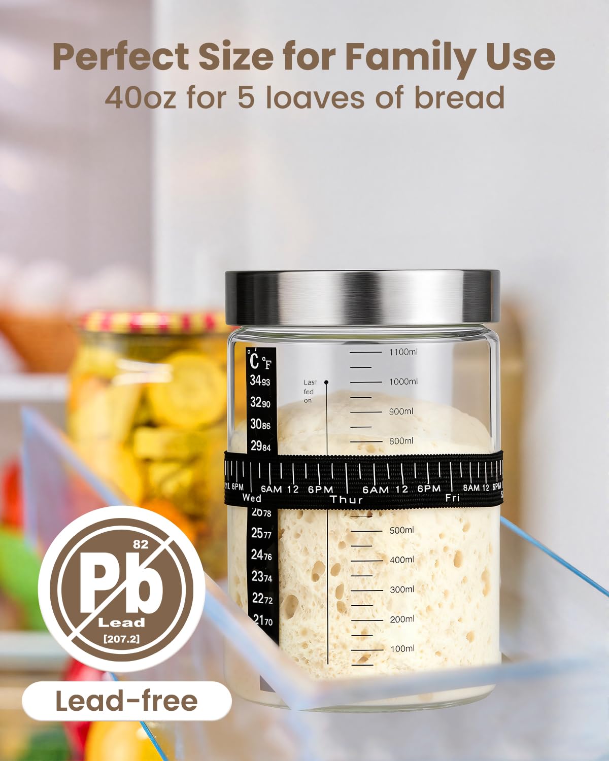 PITCH + PULSE Starter Kit per Pasta Madre, 1200ml Vetro Fermentato con Termometro, Nastro Alimentazione Data, Spatola, Contenitore per la Cottura del Pane a Lievito Naturale