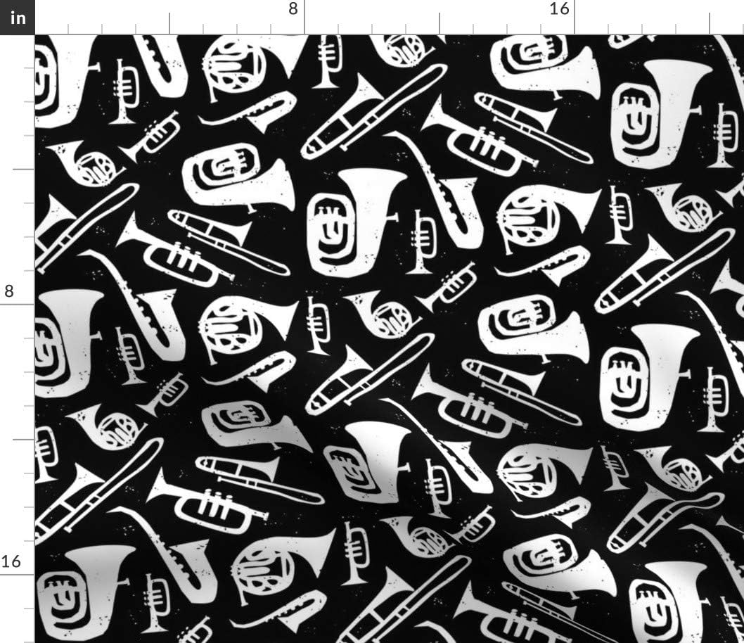 Spoonflower Fabric - Jazz Print White Black Music Instruments Tuba Trombone Band Printed on Petal Signature Cotton Fabric by The Yard - Sewing Quilting Apparel Crafts Decor
