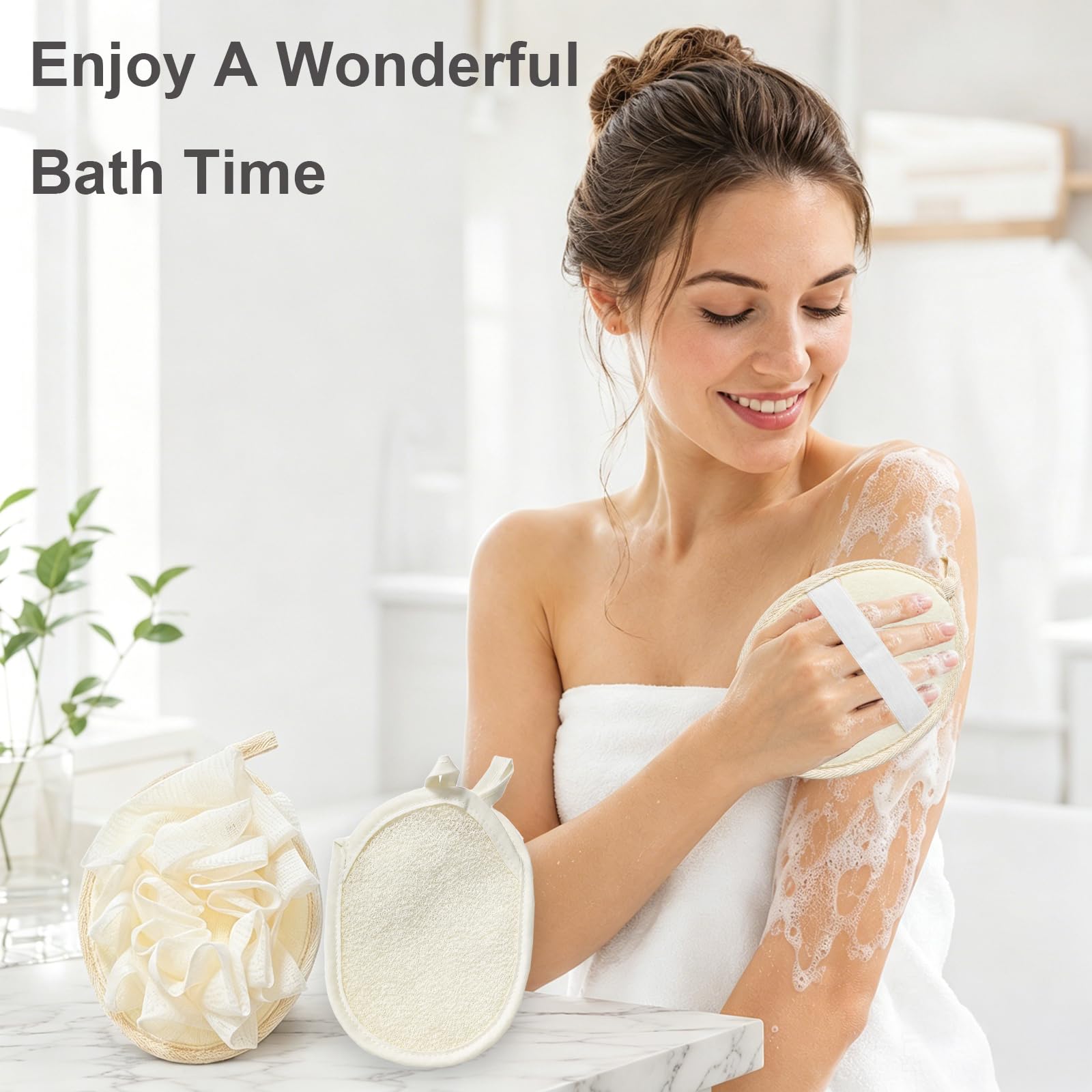 3 Pezzi Spugna Luffa Set Doppia Funzione Sacchetto Sapone con Cordino Morbido Guanto Esfoliante Corpo per Bagno e Doccia Resistente Spugna Doccia per Donne e Uomini (Beige)
