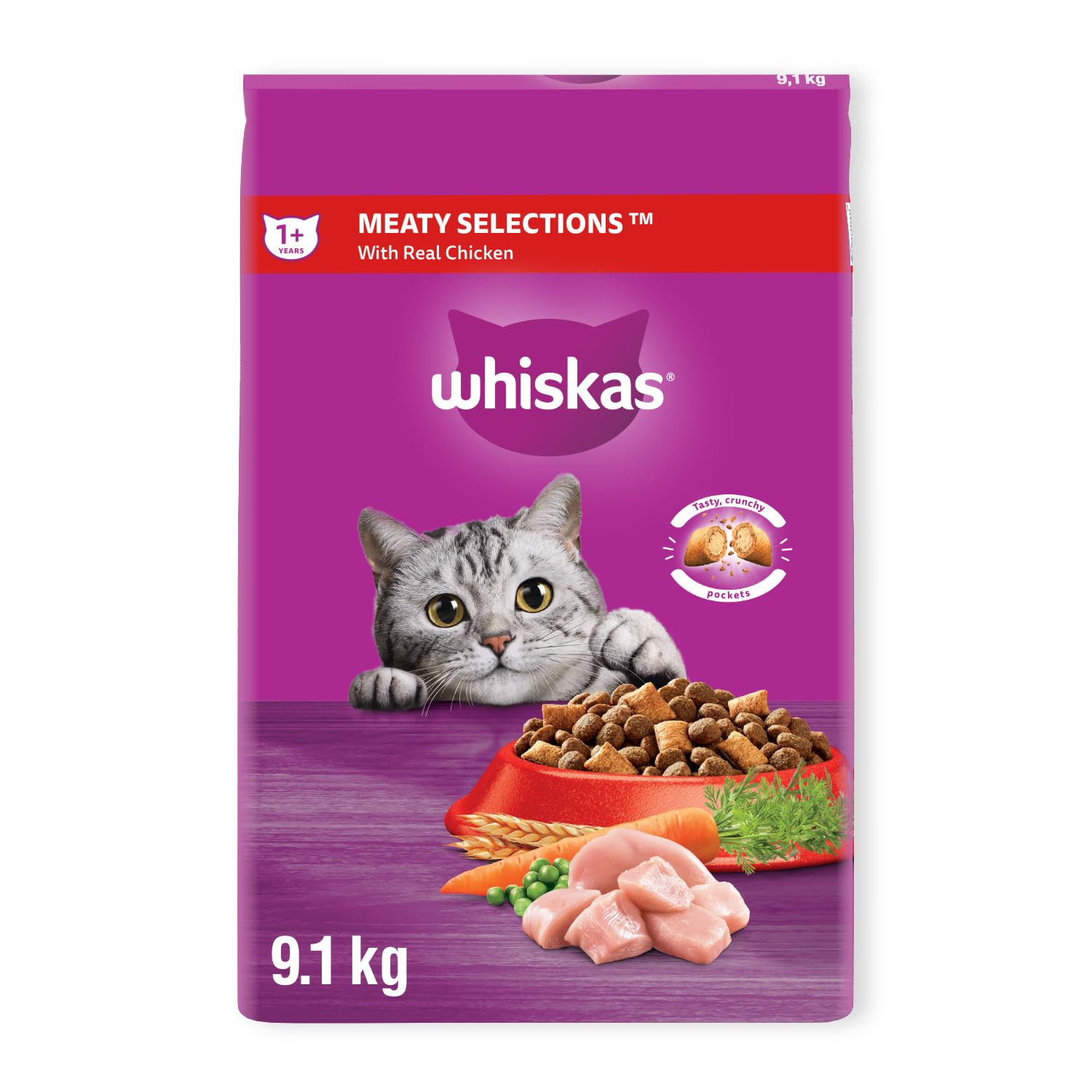 WHISKAS Meaty Selections Adult Dry Cat Food with Real Chicken, 9.1 kg (Pack of 1) image 7