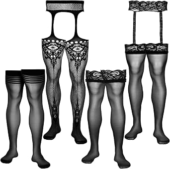 Mens Lingerie Set with Pantyhose, Stockings Garter Belt, 4 Pairs Black Lace Fishnet Stockings for Men, Male Lingerie for Crossdressing, Parties
