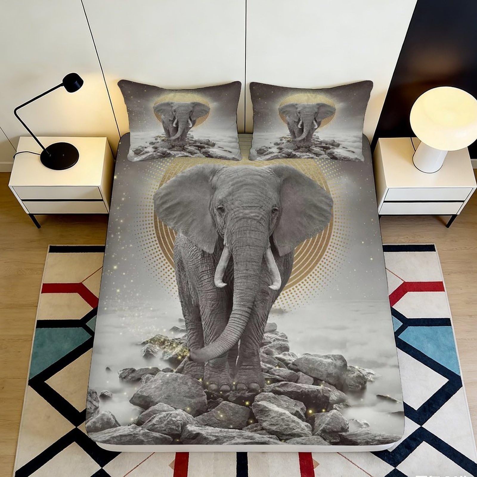 3D Printed Elephant Safari Fitted Sheet Microfiber Soft Breathable Wildlife Bed Cover for Bedroom Dorm Mattress Protection Decor 90x200x25cm