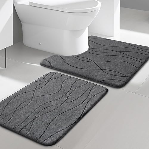 Miniatura 30 de YIHOUSE Juego de 5 tapetes de baño de espuma viscoelástica, color gris, ultra absorbentes, para baño, antideslizantes, lavables a máquina y se secan