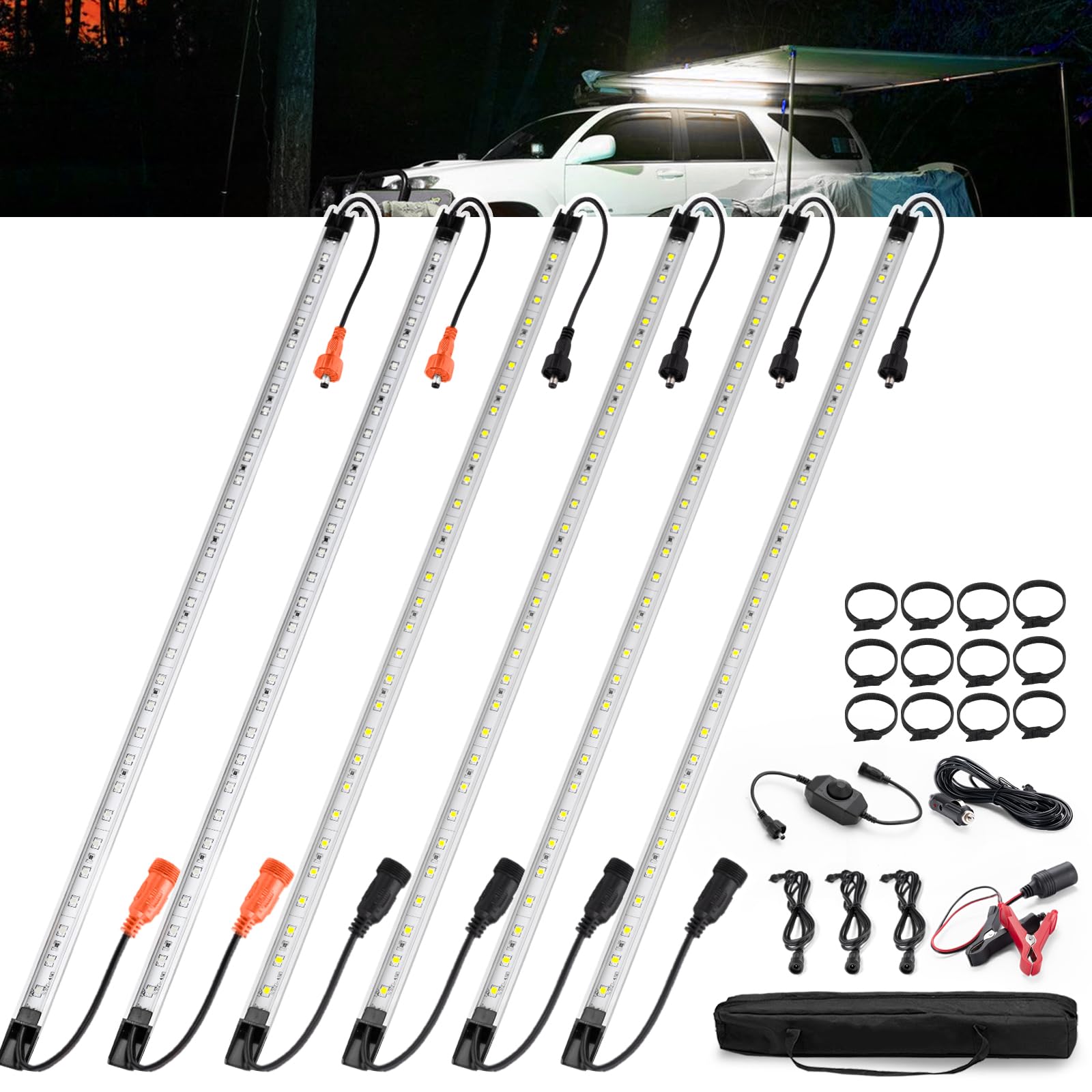 FIERYRED 12V Interior Light Bar Kit, Dimmable Camping Lights, Weatherproof IP67, Aluminum Magnetic Mounting, Portable Lighting for Camping Tent Awning RV Car Trailer Boat (4Pcs White+ 2Pcs Amber)