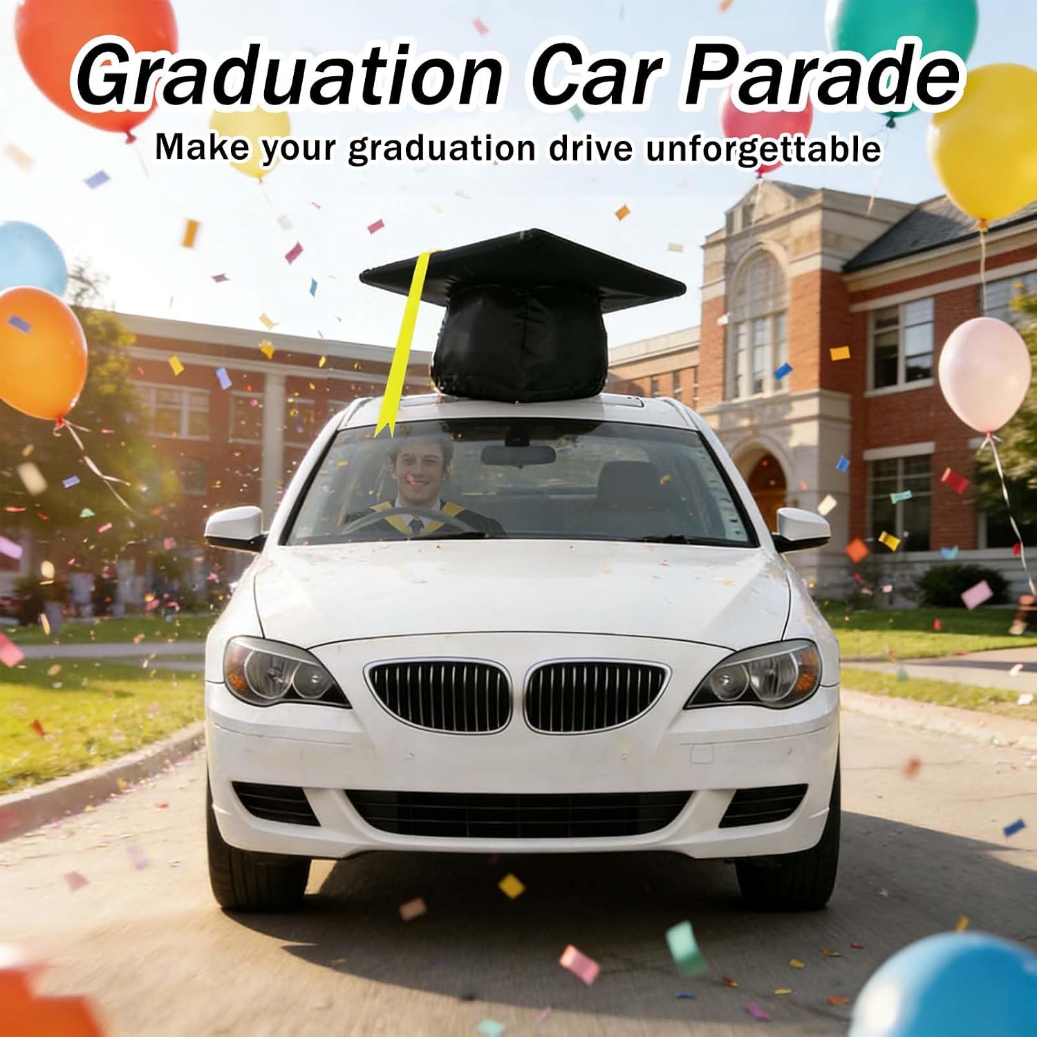 2026 Inflatable Graduation Car Decoration, 23" Large Inflatable Graduation Cap Car Decor PVC Grad Cap & Congrats Grad Letters for Car Roof High School Collage Prom Party Favor Grad Parade(Black Gold)