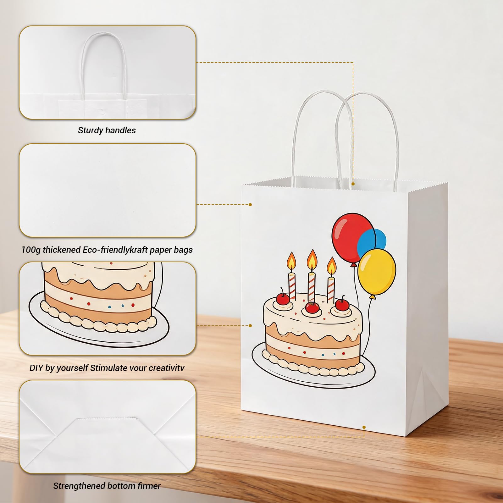 Bolsas de papel kraft blancas medianas con asas a granel, bolsas de regalo Bagmad de 8 x 4.7 x 10 pulgadas, bolsas de regalo para manualidades, compras, fiestas, bodas, sacos (100)
