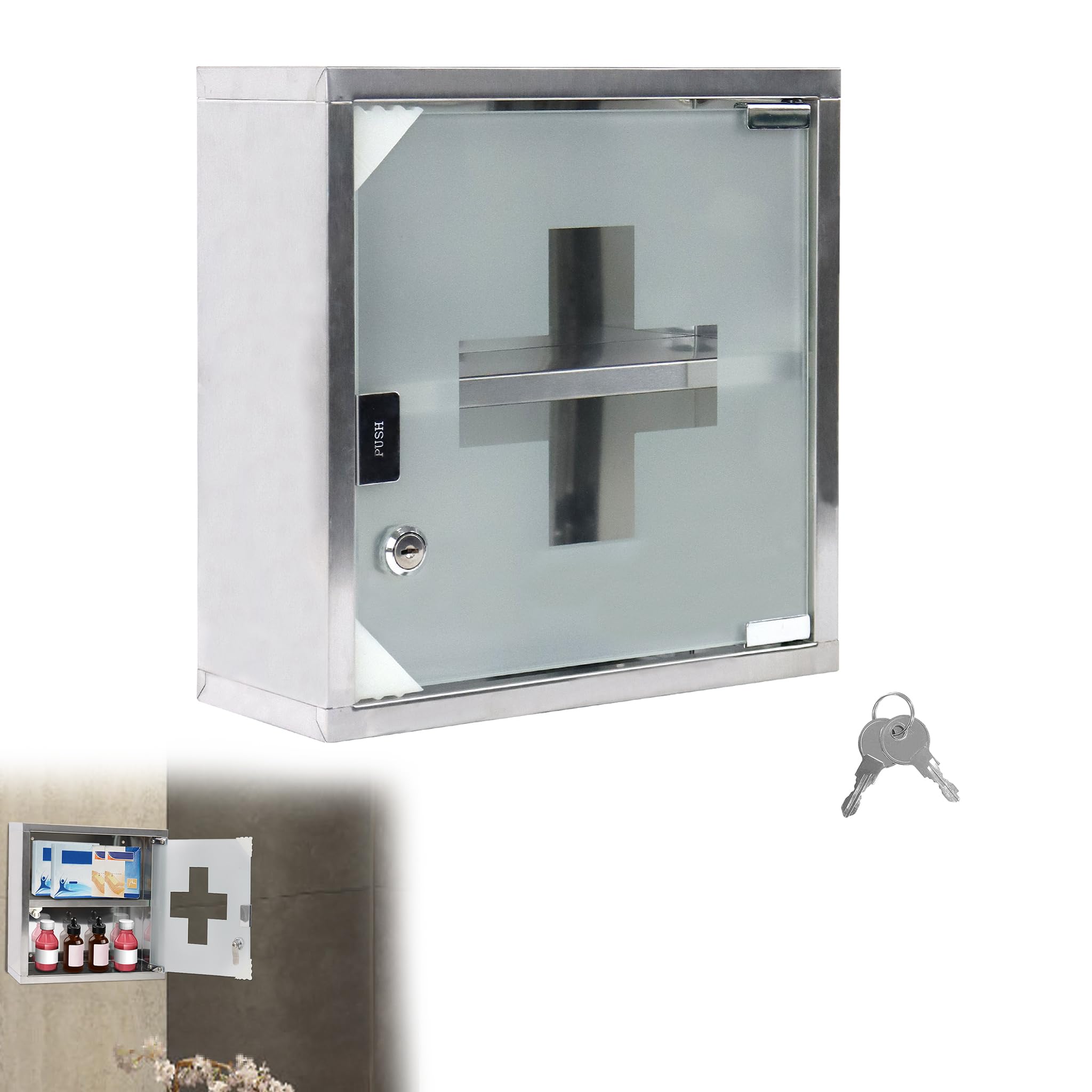 Armoire à pharmacie avec porte en verre et 2 clés, verrouillable, en acier inoxydable, suspendue, 2 compartiments, 30 x 30 x 12 cm
