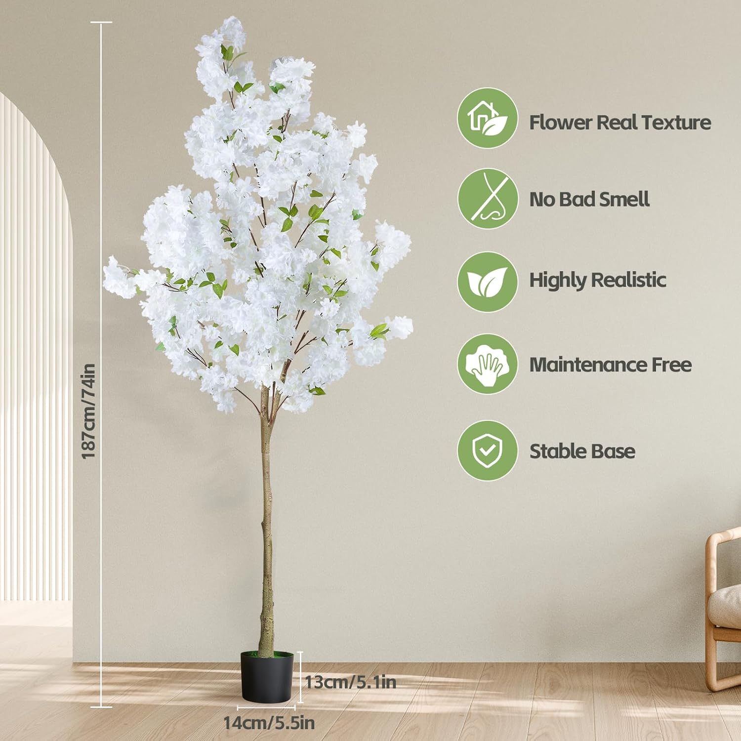 6Ft Tall White Artificial Cherry Blossom Tree, Faux Tree with Plastic Nursery Pot,Fake Plants Artificial Plants for Home Office Indoor Decor(White)