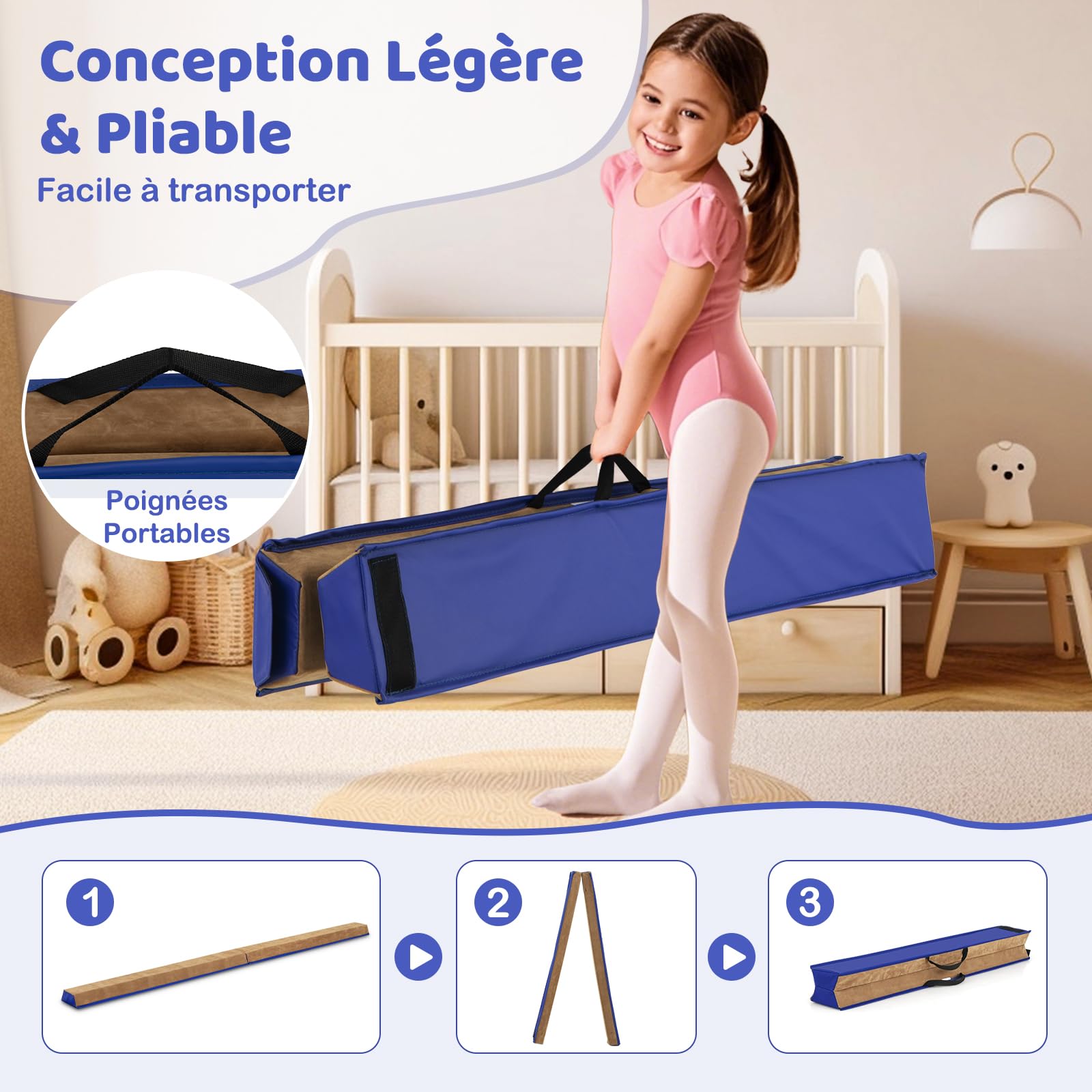 GYMAX Poutre de Gymnastique Pliable 240 cm, Poutre d'Équilibre Portable avec Structure Trapezoïdale et Poignées, Poutre d'Équilibre en PU pour Enfants, Débutants et Athlètes Professionnels