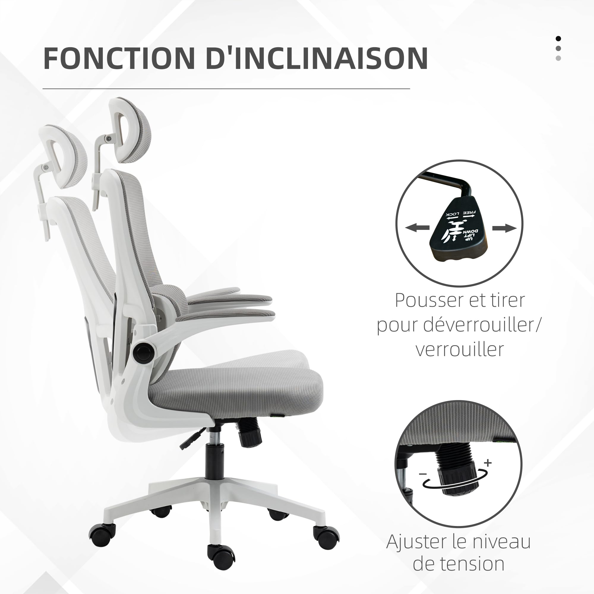 Vinsetto Fauteuil de Bureau Maille Respirant Accoudoirs Relevables Gris | Chaise Ergonomique, Pivotant, Appui-Tête Réglable, Support Lombaire, Hauteur d'Assise Réglable, Fonction de Bascule
