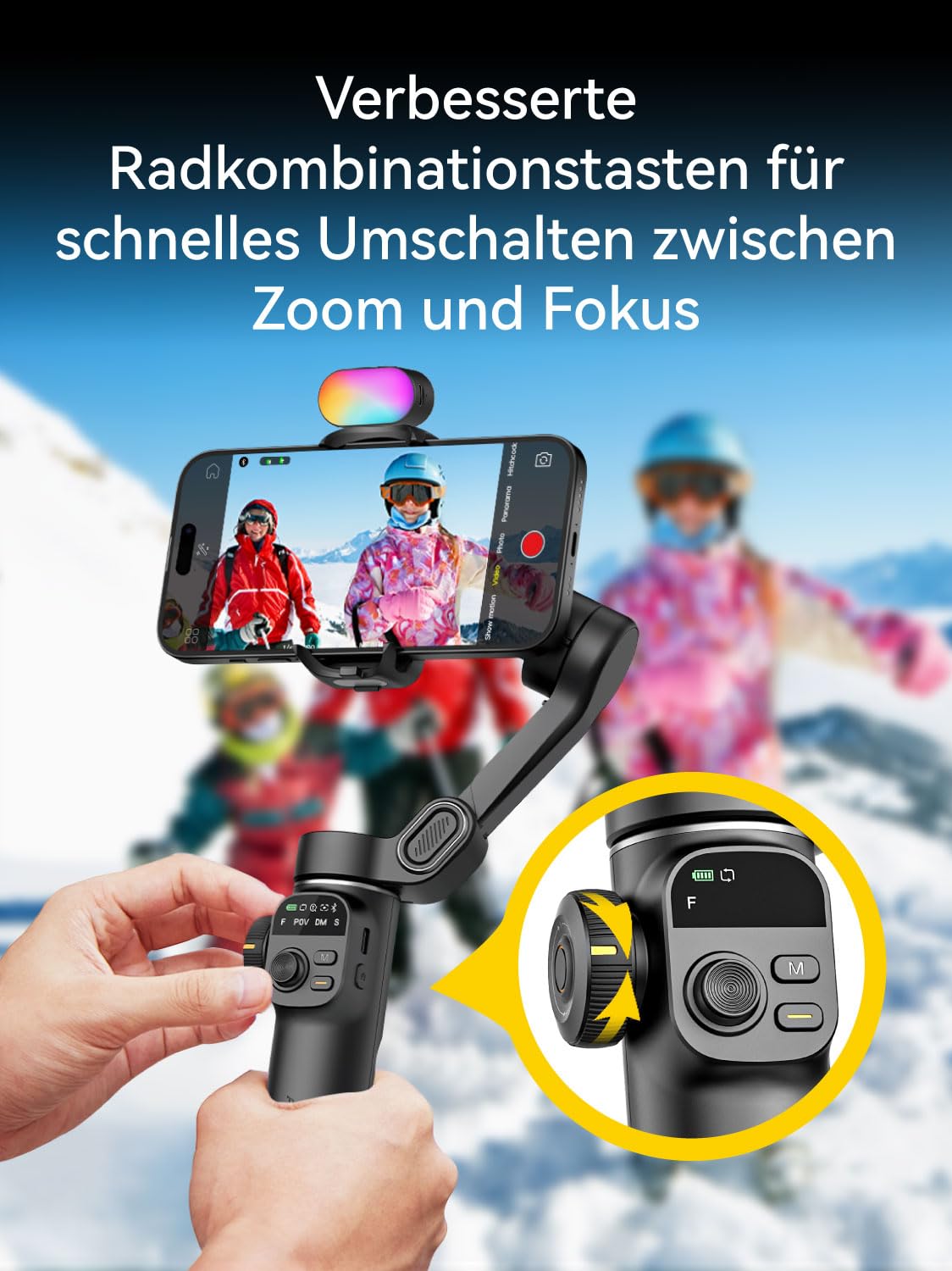 AOCHUAN Gimbal-Stabilisator für iPhone, Telefon-Gimbal mit magnetischem RGB-Fülllicht, faltbares Stabilisator mit integrierter 7,8-Zoll-Verlängerungsstange für iPhone/Android Smart X2 Kit Schwarz