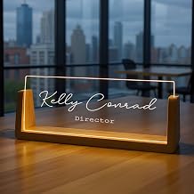 Custom Name Plate for Desk with Light Up Acrylic &amp; Wooden Base - Personalized Office Sign for Teacher, Boss, Coworker - Employee Appreciation Gift for Educators Professionals