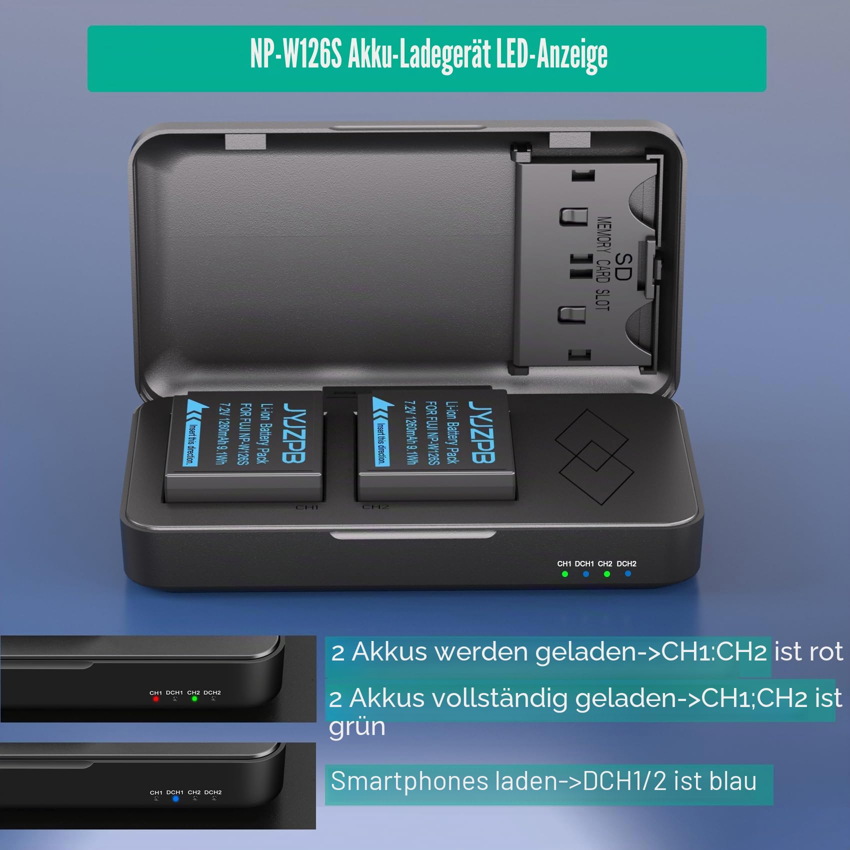 JYJZPB 2 x NP-W126S NP-W126 Ersatz Akku mit Ladegerät für Fujifilm Kamera X100V X100VI X-T50 X-M5 Fuji X-T20 X-T10 X-T30 X-T100 X-T200 X-T3 X-T2 X-T1 X-A5 X-A10 X-A7 Akku Pack