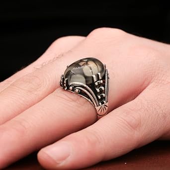 Agate Aqeeq Men's Ring, Silver, 925 Sterling Silver, Yemeni Aqeeq, Turkish Style, Solitaire