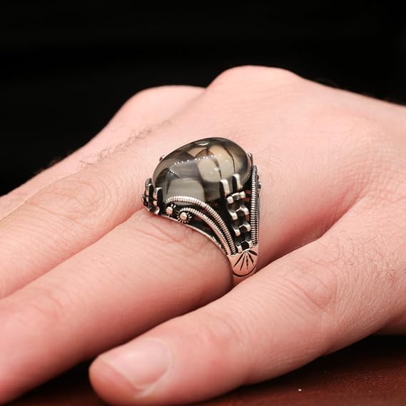 Agate Aqeeq Men's Ring, Silver, 925 Sterling Silver, Yemeni Aqeeq, Turkish Style, Solitaire