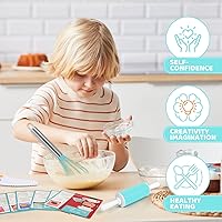Vista 4 de Juegos de cocina para niños, juego de cocina y hornear con estuche de almacenamiento, cuchillos seguros para niños, tabla de cortar, delantal, libro
