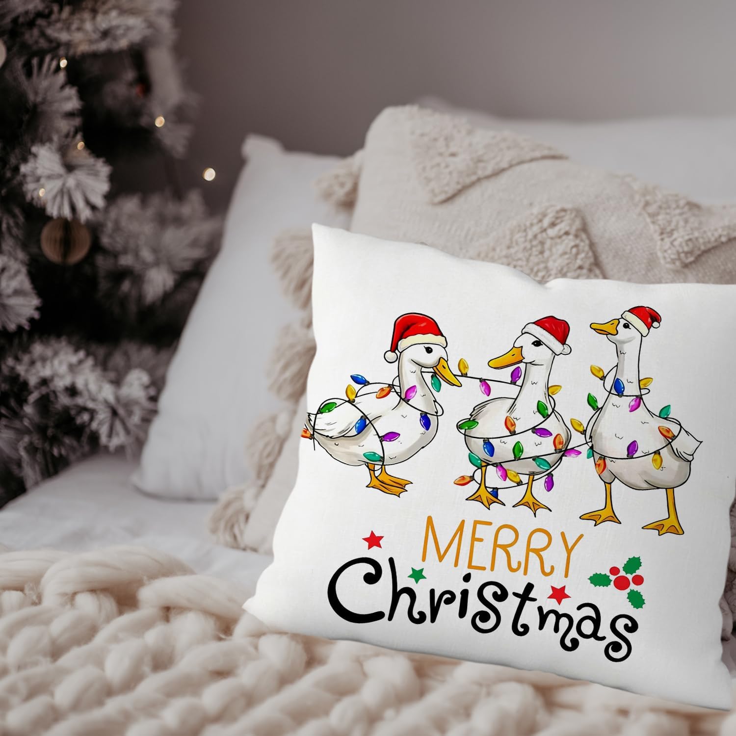 Christmas Duck Pillow Covers 18x18, Farmhouse Christmas Decor, Funny Merry Xmas Duck Farm Animal Print Decorative Pillow Covers for Bedroom Living Room Home image 2