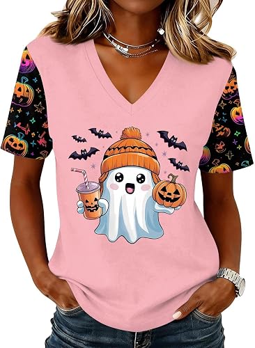 Ghost Halloween Shirts for Women V Neck Horror Fall Bat Pumpkin Halloween Tops S