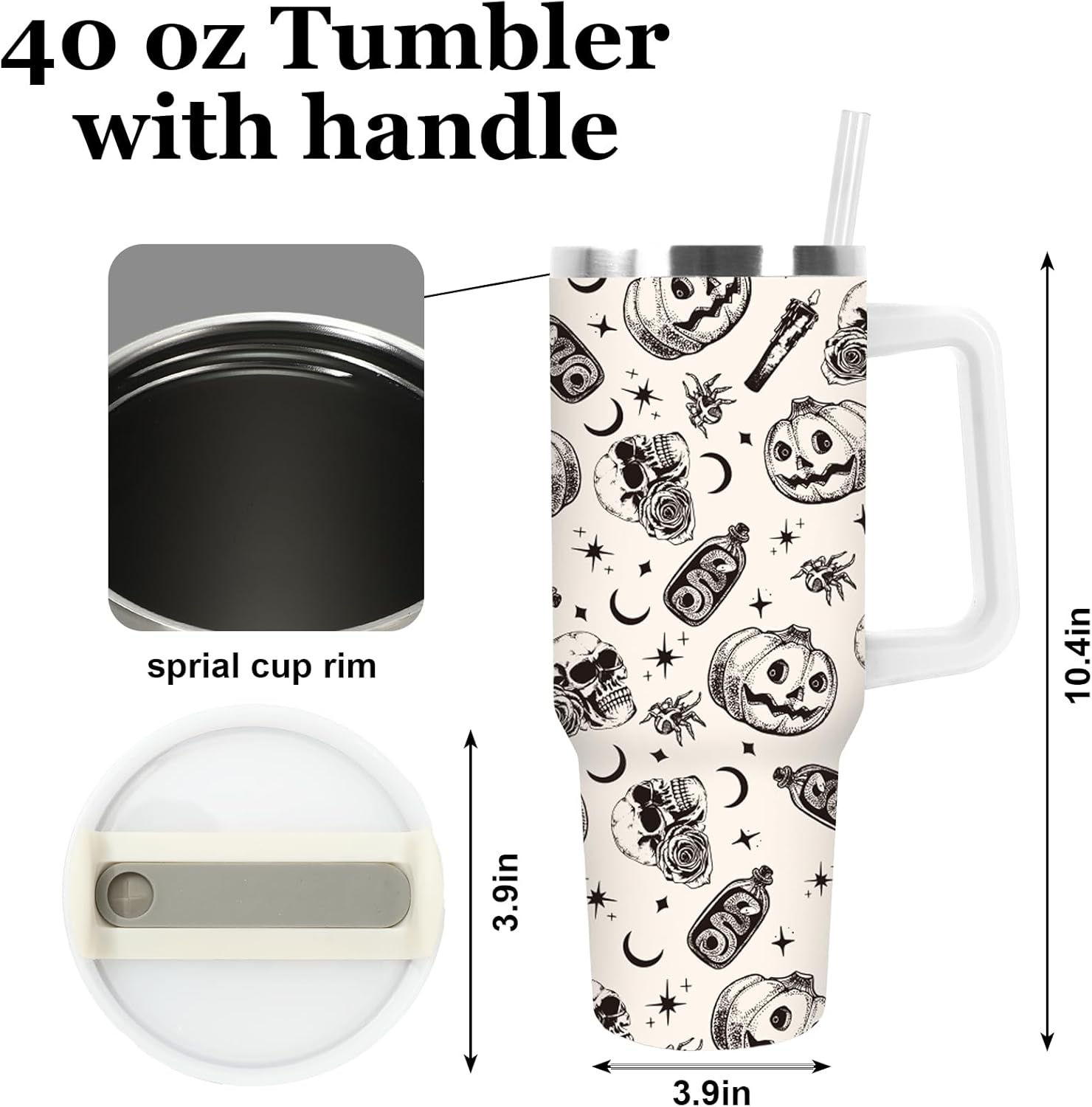 JarThenaAMCS Halloween Tumbler with Handle 40oz Pumpkin Skull Crow Tumbler with Lid Straw Black Beige Spooky Stainless Steel Cup for Home Office Travel - Image 2
