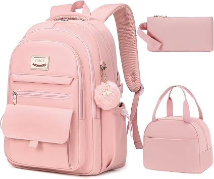School Bag for Teens Girls,Girls Backpack Set,3 PCS Kids Backpack for Women,15.6 Inch Laptop Middle High School College Student Casual Travel Daypack with Lunch Box Pencil Pouch SetPink