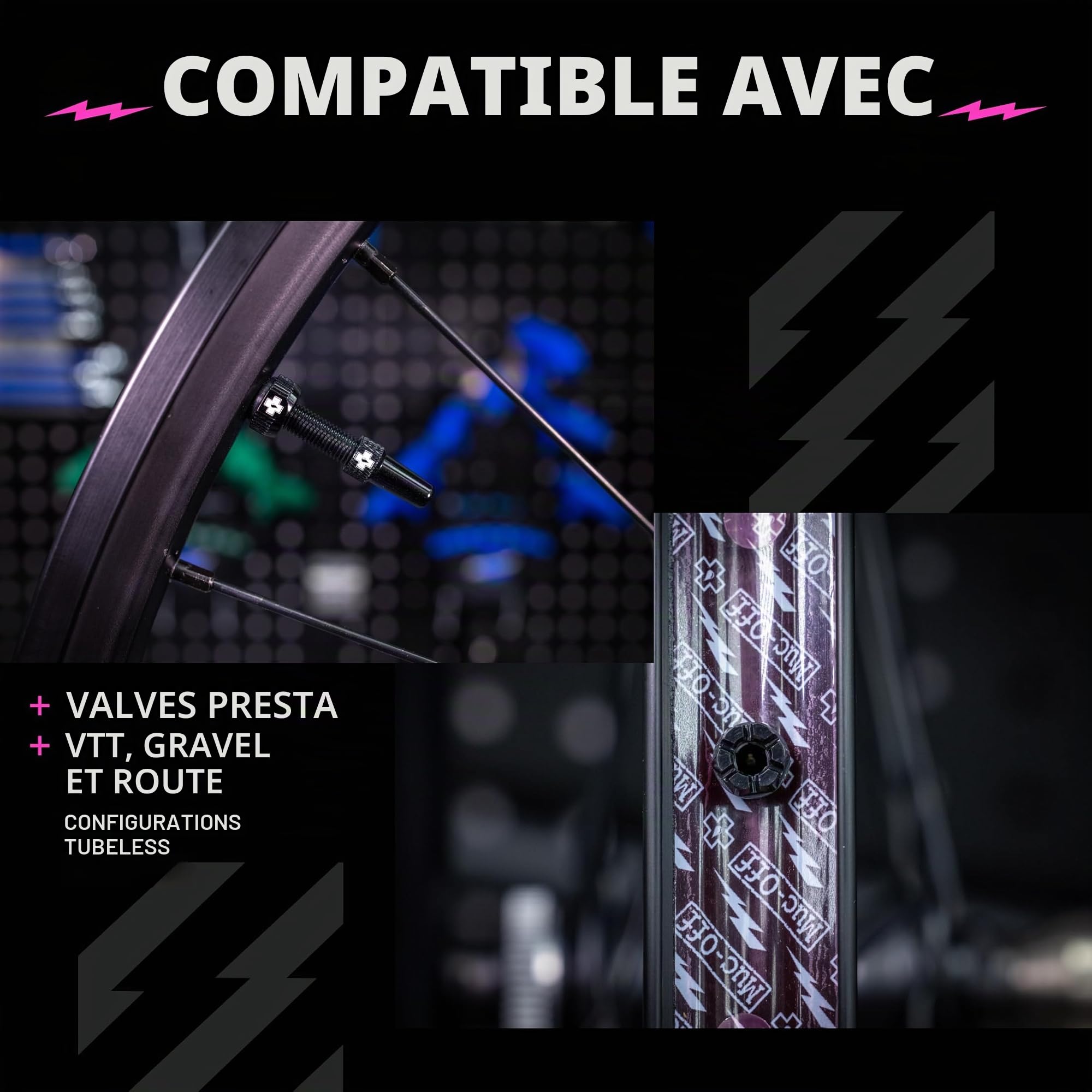 Muc-Off Valves Presta Tubeless - 60 mm - Valves de Vélo Anti-Fuite de Qualité Supérieure avec Outil Démonte-Obus de Valve Intégré - Noir