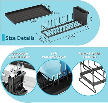 ANTOPY Small Dish Drainer - Compact Dish Drying Rack for Kitchen Counter with Silicone Dish Drying Mat, Stainless Steel Dish Drainer Rack for Kitchen Sink, Space Saving Plate Rack Cutlery Holder