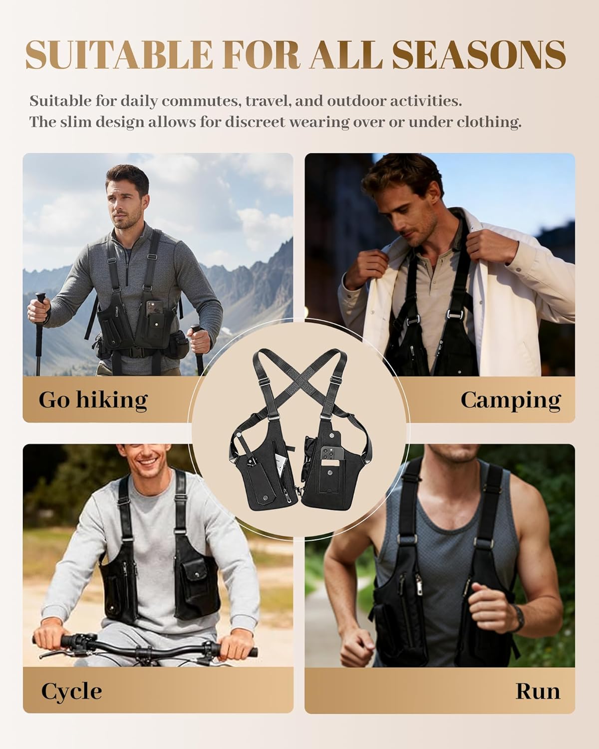 PINK LADY Shoulder Holster Chest Bag for Men Underarm Concealed Carry Leather Vest Crossbody Sling Adjustable Straps Pack