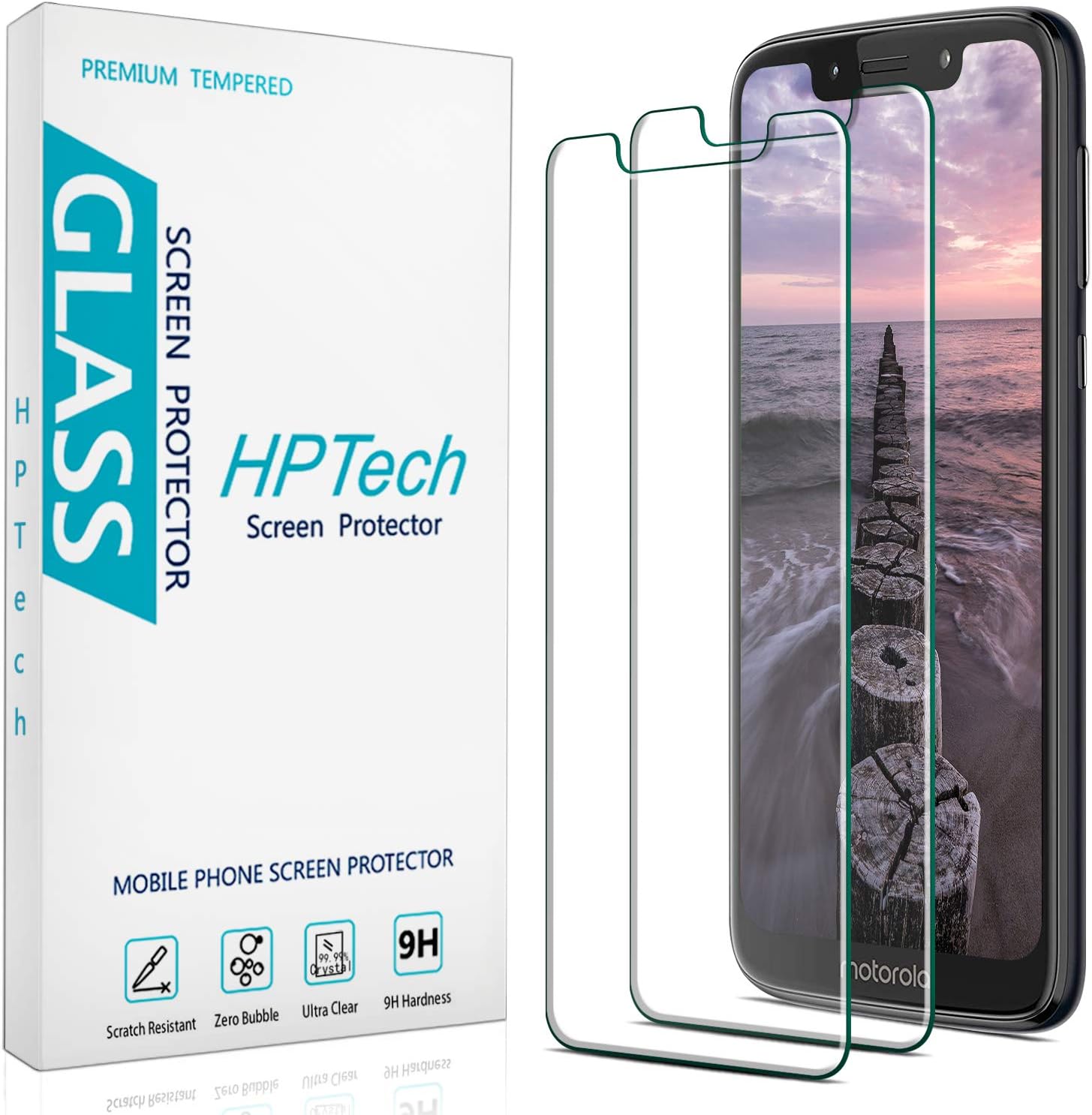 HPTech (2 Pack) Screen Protector For Motorola (Moto G7 Play) Tempered Glass, 9H Hardness, Easy to Install, Bubble Free