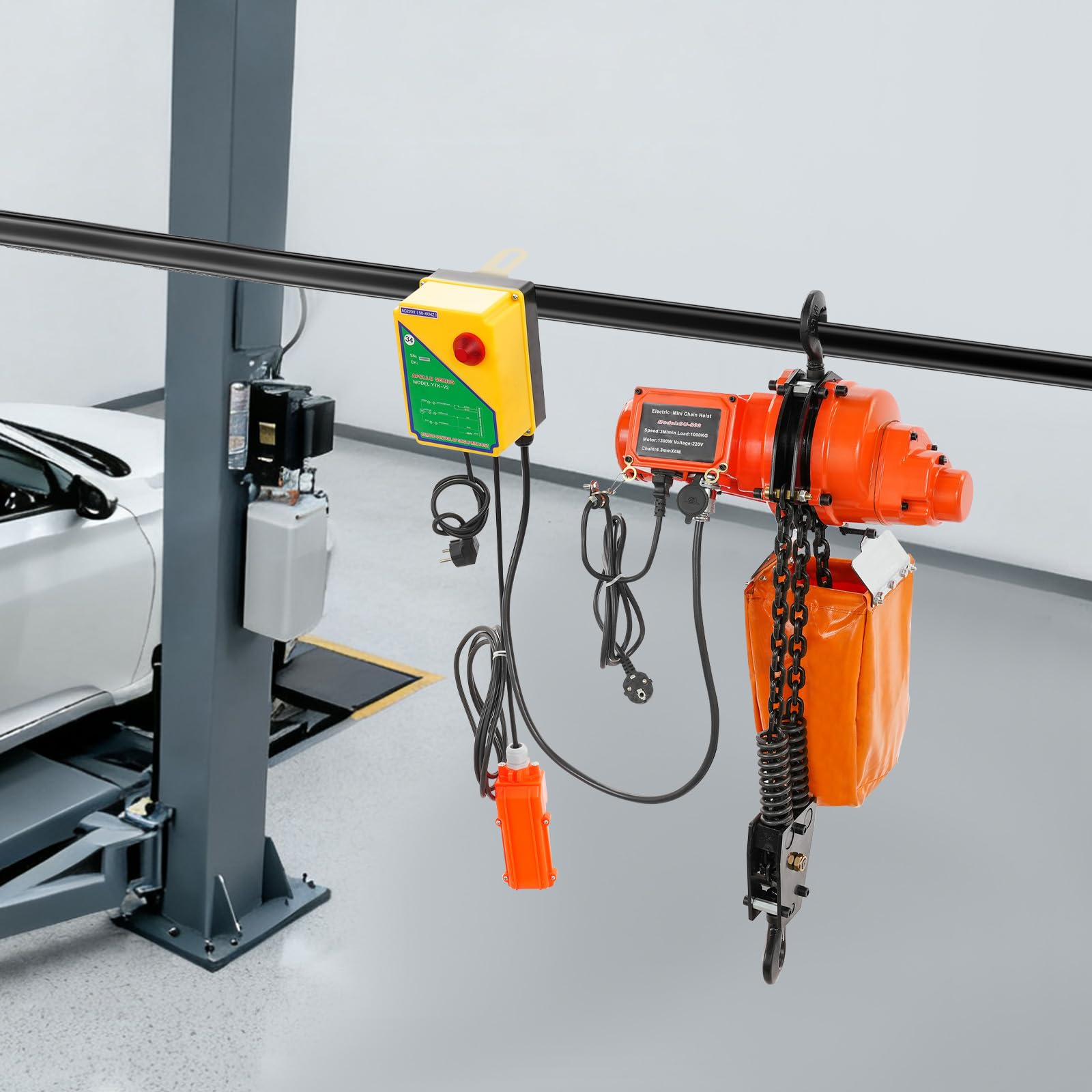 Elektrischer Kettenzug 1000kg, Hebezug mit Fernbedienung, 1300W, 6m Hubhöhe, 100m Kabellose und 4,5m Kabelgebundene Fernbedienung, Elektrische Seilwinde für Fabrik, Lager, Werkstatt (Rot+Orange)
