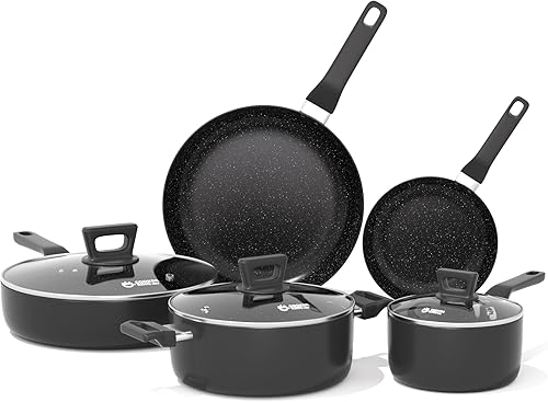 COOKER KING Juego de ollas y sartenes antiadherentes, 8 piezas de utensilios de cocina no tóxicoscacerolaolla con tapas de vidrio templado,