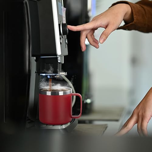 Miniatura 12 de VEGOND Taza de café aislada de 14 onzas con asa, taza de café de viaje de acero inoxidable con tapa, taza de café de metal al vacío de doble pared