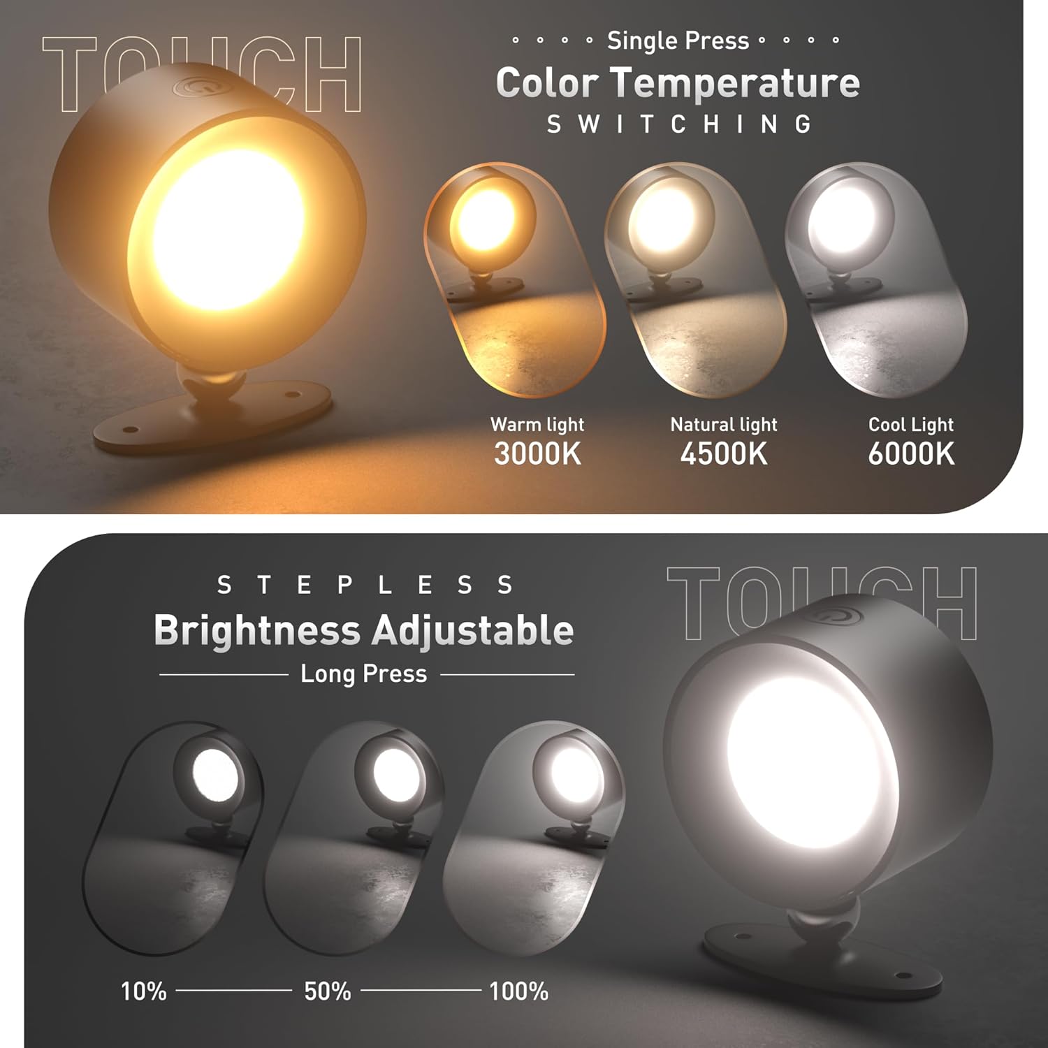 2in1 RGB Table Lamp,Dual Head Desk Lamp,2000mAh Repchargeable Wall Lamp with Magnetic, 360°Rotary Adjustment , 3 Color Modes,Touch and Remote Control, Wireless Reading Lamp for Bedroom Bedside Table