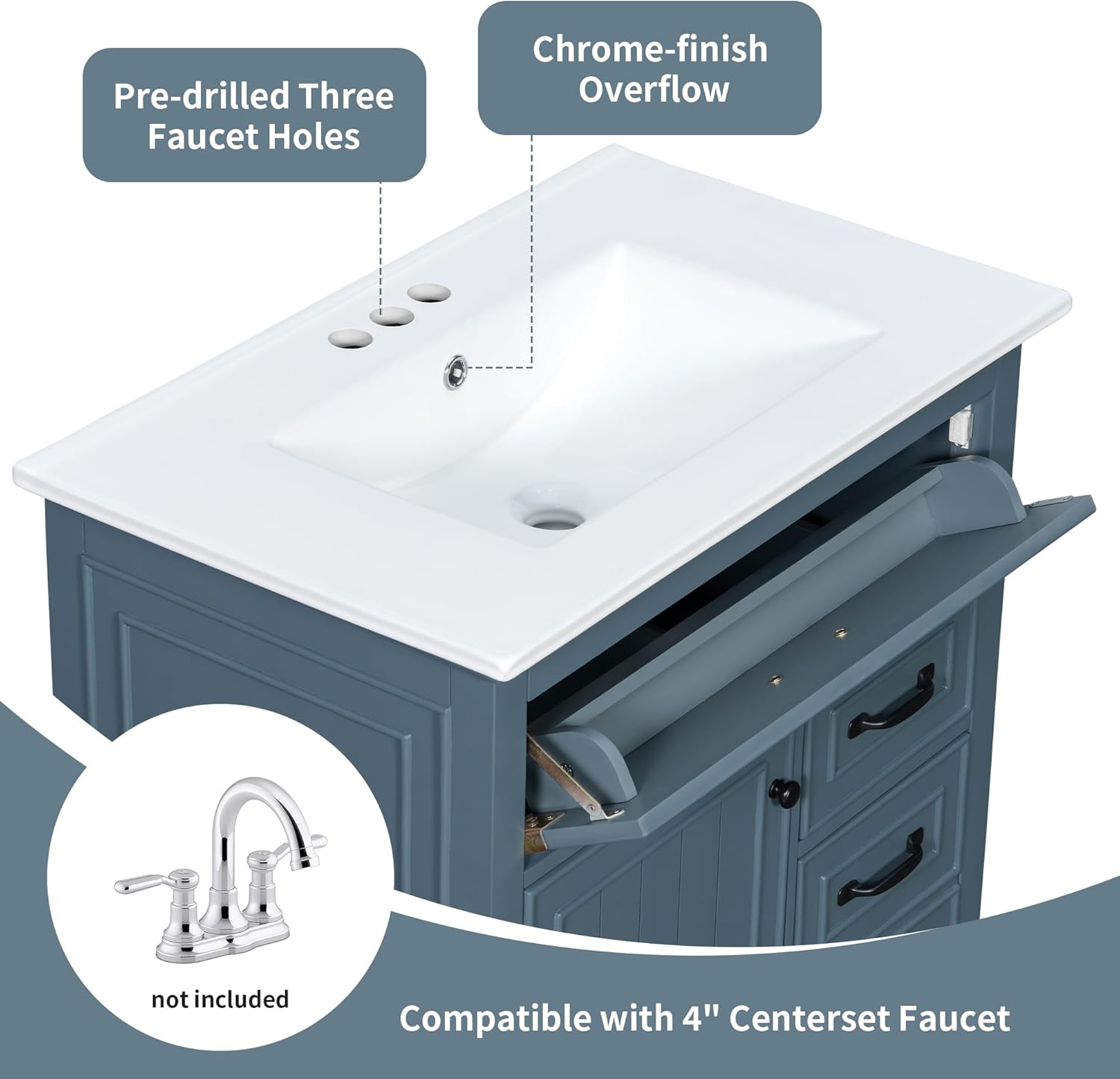Virubi 30 in Bathroom Vanity with Sink Combo,Solid Wood & MDF Single Bathroom Sink Cabinet with Tilt-Out Drawer, 2 Drawers, Adjustable Shelf & Storage Rack, for Bathroom (Blue Gray,30 inch)