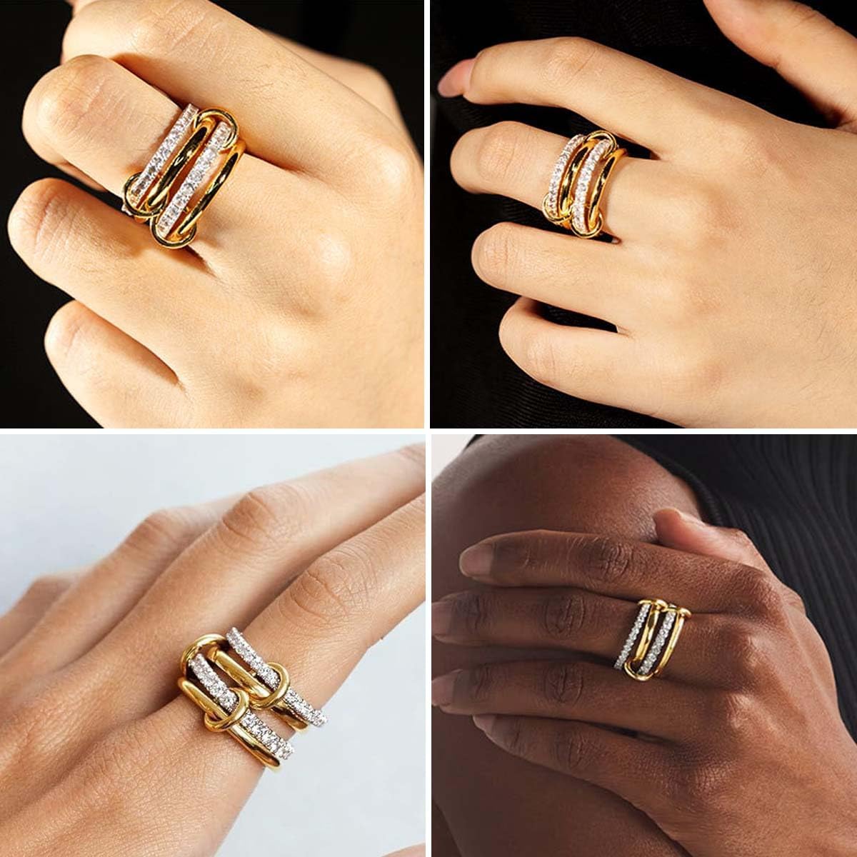 Gold Stackable Rings for Women Non Tarnish, 18k Gold Plated Cubic Zirconia Rings, Silver Multi-Link Connected Knuckle Women Stack Rings Set - Image 5