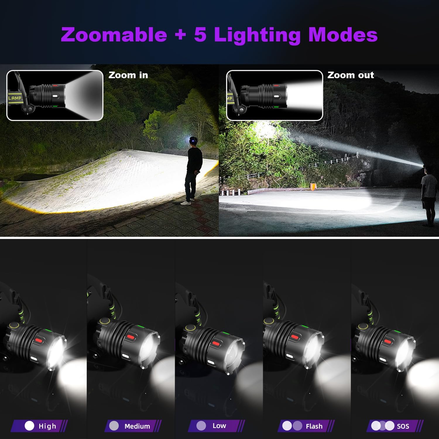 1200 Lumens Super Bright LED Rechargeable Headlamp, Zoomable Head lamp with 9 Lighting Modes, 90° Adjustable & IP67 Waterproof for Camping | Hiking | Climbing | Fishing | Hunting | Auto Repair