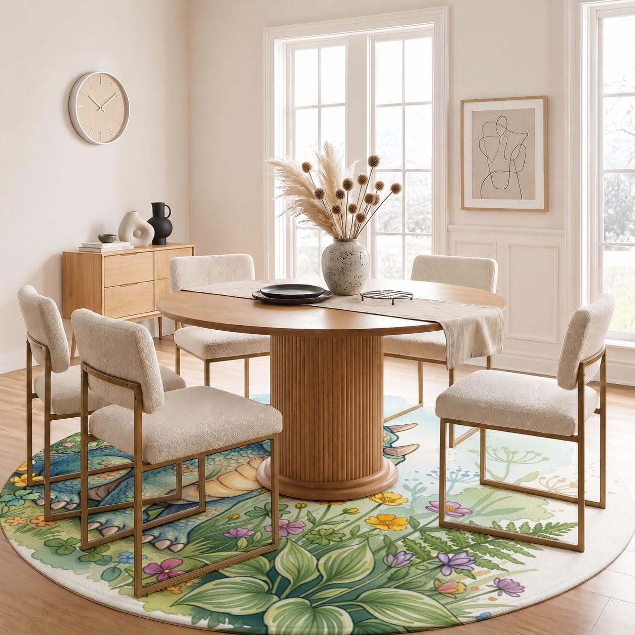 Tapis Salon Rond 100cm Parterre De Fleurs Tricératops Lavable | Antidérapant Poil Ras Tapis Rond Animaux Mignons À L'Aquarelle pour Chambre Salle a Manger Salon Décoration D'intérieur