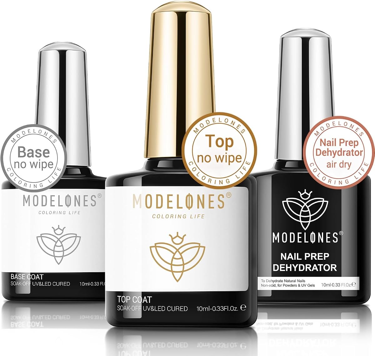 modelones Gel Base Top Coat Set with Nail Dehydrator No Wipe Super Shiny | Top Coat Nail Art Prep Kit 3 Pcs