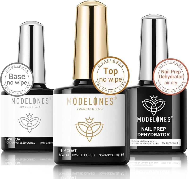 modelones Gel Base Top Coat Set with Nail Dehydrator No Wipe Super Shiny | Top Coat Nail Art Prep Kit 3 Pcs