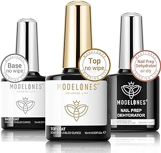 modelones Gel Base and Top Coat with Nail Dehydrator Set No Wipe Diamond Super Shiny Top Coat Nail Art Prep Kit