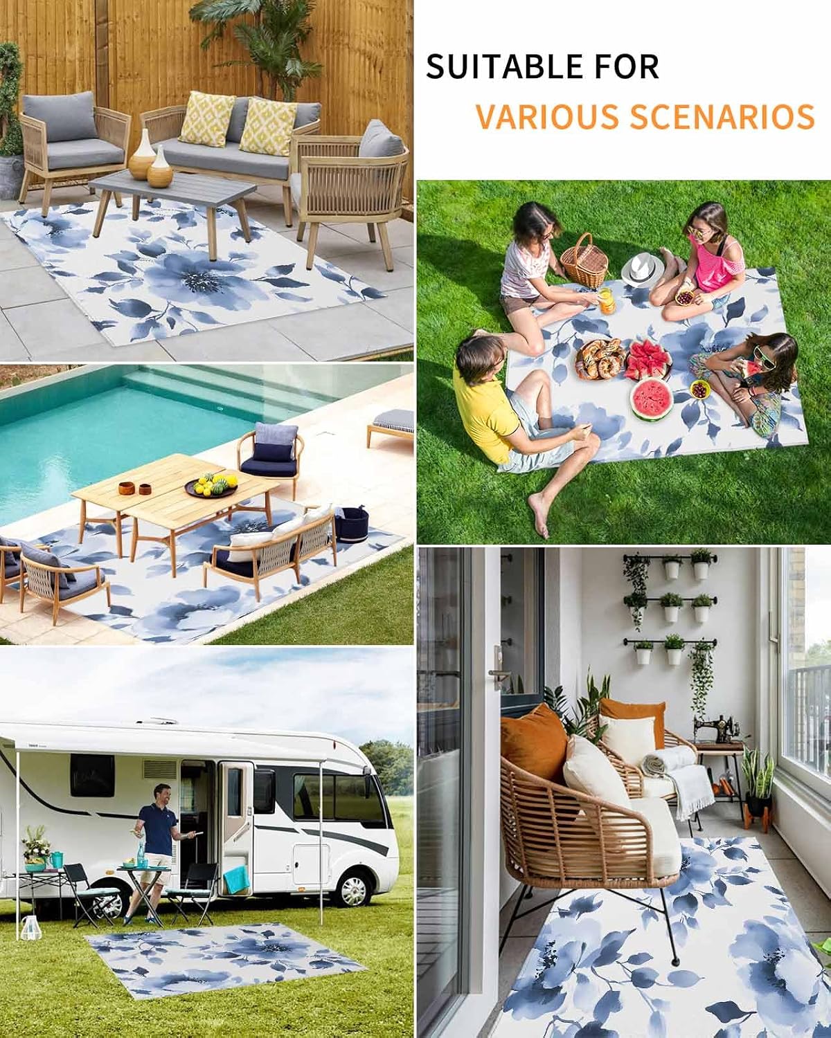 Outdoor Rug 4x6 ft Watercolors Ombre Blue Flowers Outdoor Large Area Rug Non Slip Rubber Vintage Floral Front Door Mat RV Rug Camping Carpet Patio Outdoor Rugs for Backyard Balcony Deck Porch Indoor