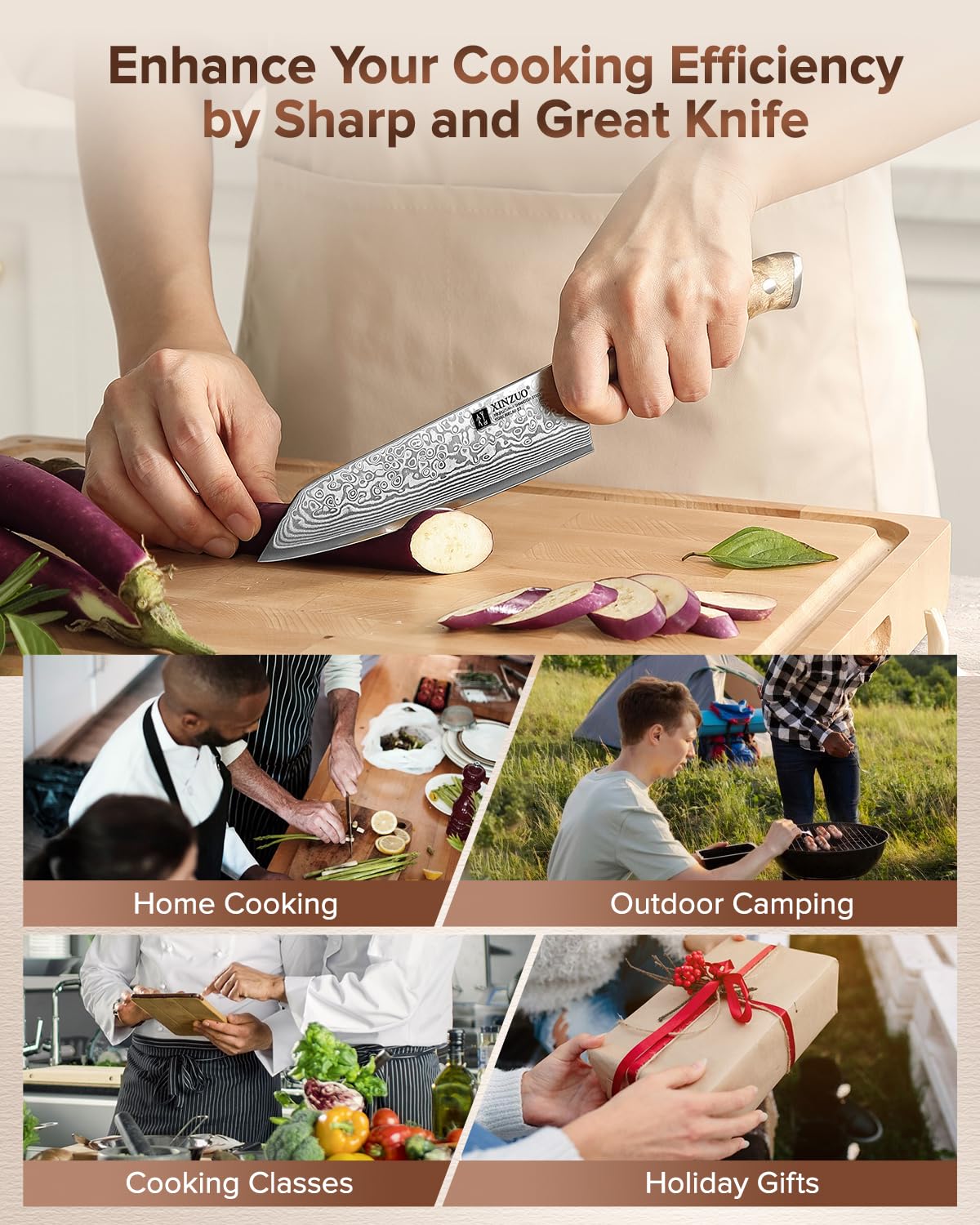 XINZUO Kiritsuke Chef Knife 5.8",Sharp Forged Damascus Stainless Steel Sharp Small Kitchen Knife,For Home & Restaurant,Full Tang Figured Sycamore Wood And Mosaic Copper Rivet Handle — Amazon image 9
