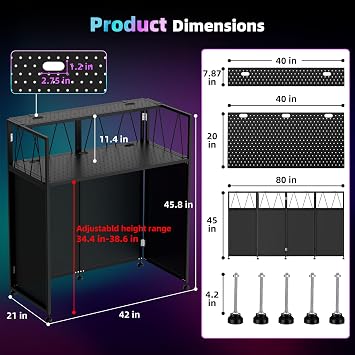 Portable DJ Table Stand, Tool-Free Setup Foldable 40 x 20 DJ Stand Booth w/ 2 Top Trays, Black & White Scrims, 4IN Adjustable Leveling Feet, 5 Cable Holes and Carry Bag, for Parties, Events, Studios