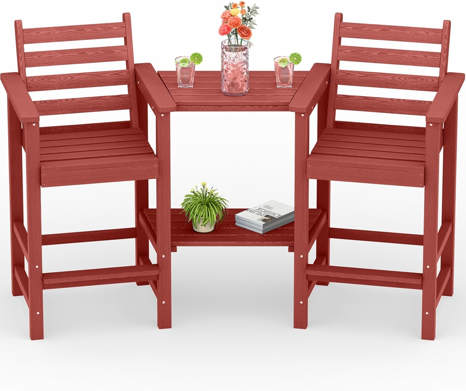 PLUUV Tall Adirondack Chairs Set of 2, All Weather HDPE Poly Bar Height Balcony Adirondack Chair with Removable Double Connecting Trays, Outdoor Adirondack Barstools for Deck, Patio, Yard, Pool, Lawn