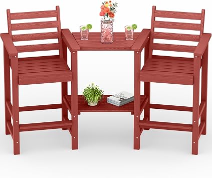 PLUUV Tall Adirondack Chairs Set of 2, All Weather HDPE Poly Bar Height Balcony Adirondack Chair with Removable Double Connecting Trays, Outdoor Adirondack Barstools for Deck, Patio, Yard, Pool, Lawn