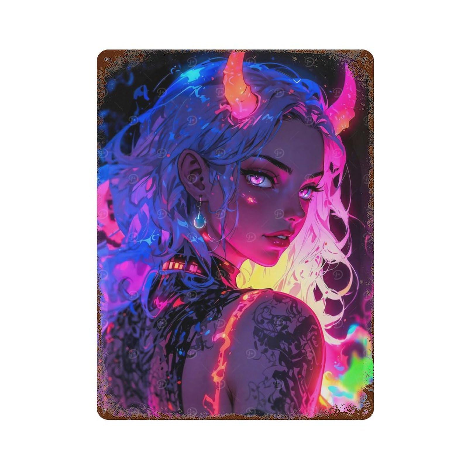 Garage Style Neon Demon Girl Rustic Tin Plaque 15.7"x11.8", Vintage Wall Decor for Bar And Workshop