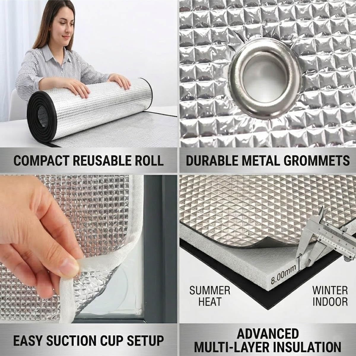 8mm Película Aislante Aluminio 55x180cm Protector Solar Privacidad | Vinilo Cristal Reflectante Opaco para Ventana con Ventosas, Lámina de Aluminio para Vidrio Interior o Exterior