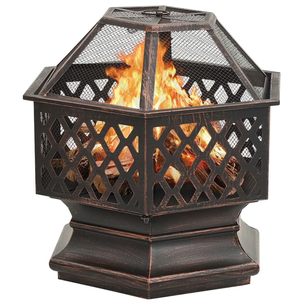 Feuerkorb mit Schürhaken Rustikal 62x54x56 cm XXL Stahl für Garten Terrasse, große Feuerschale mit Netzabdeckung und Ring, sicherer Funkenflugschutz